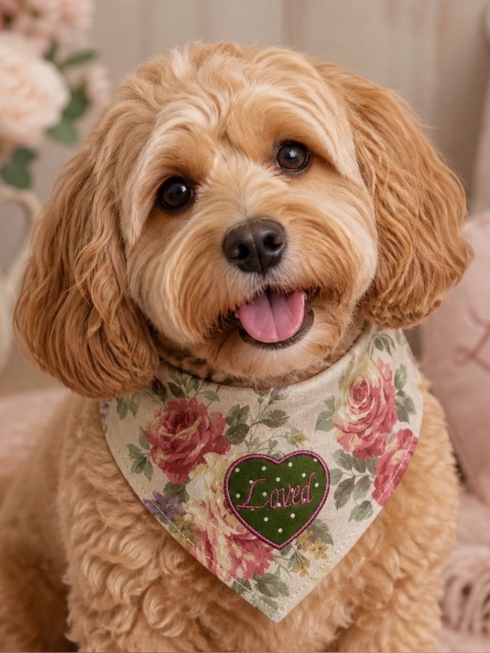 Hand Crafted Other - Handmade Reversible Floral 'Loved' Green Heart Dog Scarf- Pet Accessory size Med